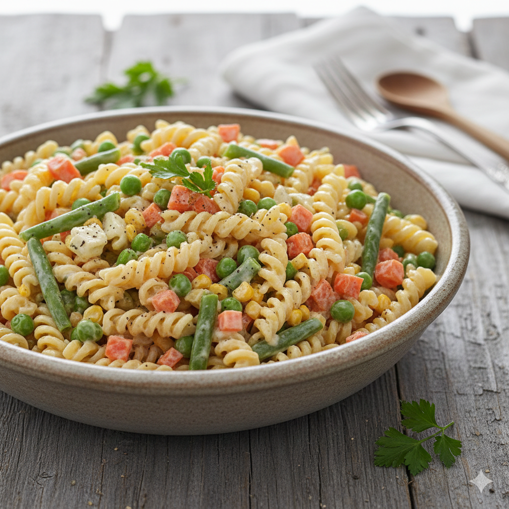 Como fazer Salada de Macarrão (Fusilli) com Maionese e Legumes