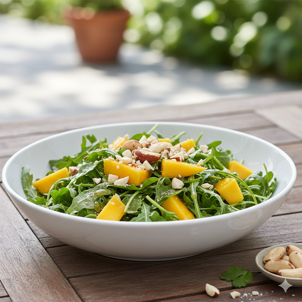 Como fazer Salada de Rúcula com Manga e Castanha do Pará
