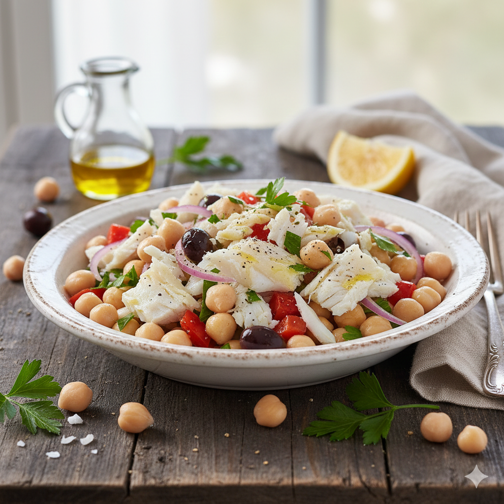 Como fazer Salada de Grão-de-Bico com Bacalhau Desfiado