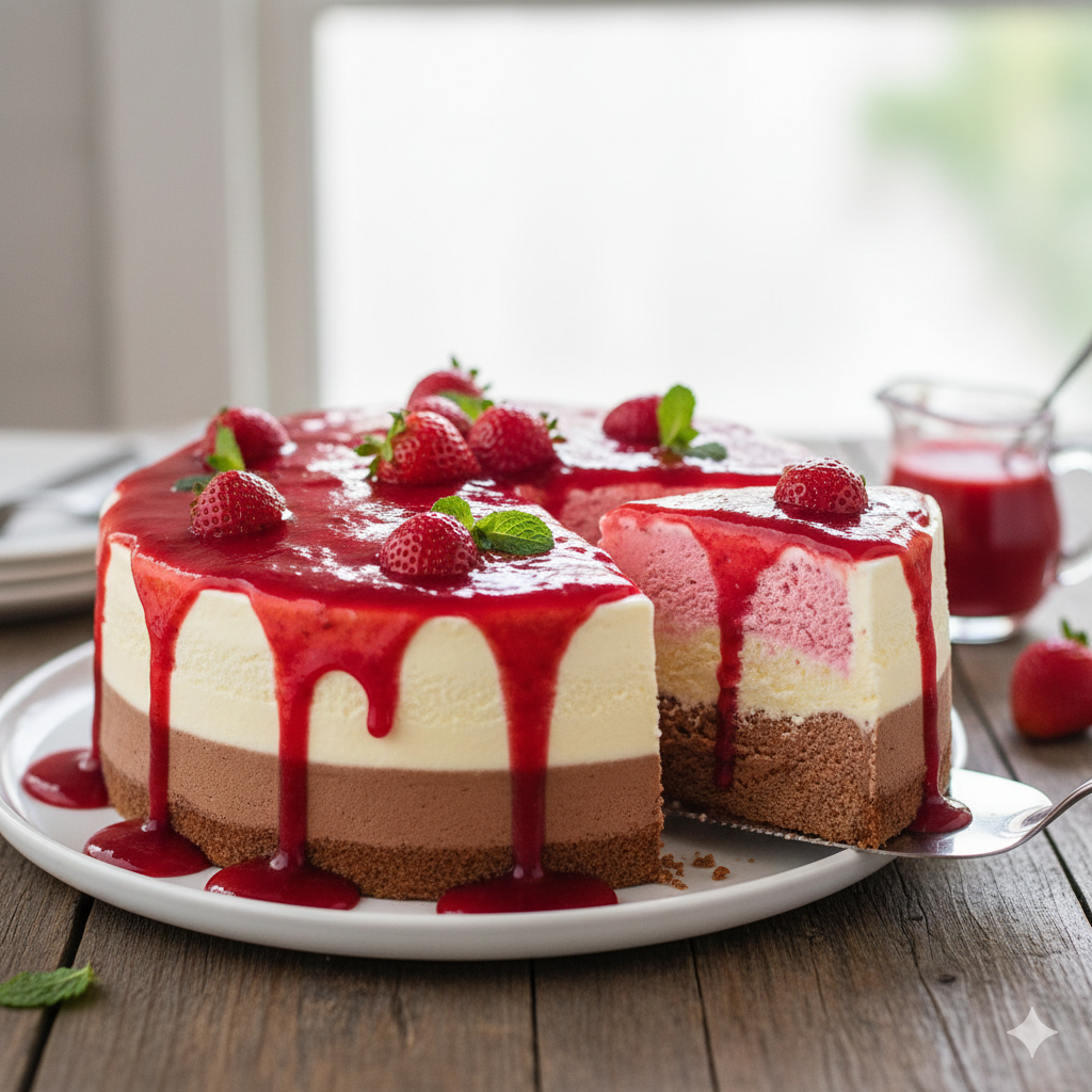 Bolo de Sorvete com Calda de Morango