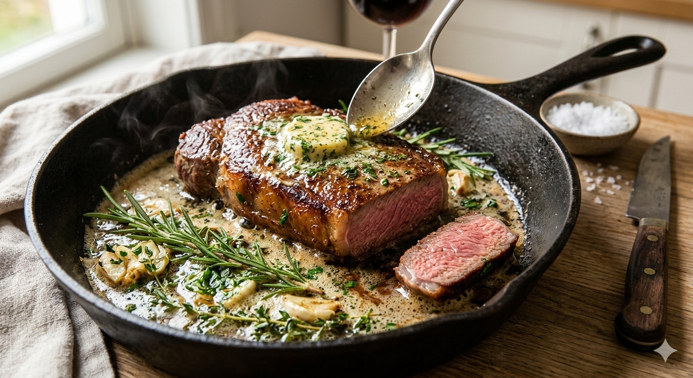 Contrafilé na Frigideira com Manteiga de Ervas e Alecrim