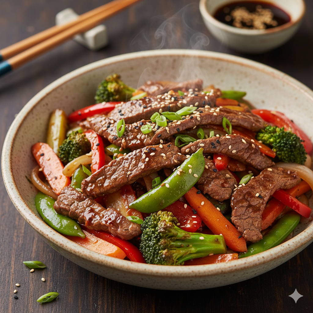 Stir-fry de Carne com Legumes e Molho Oriental