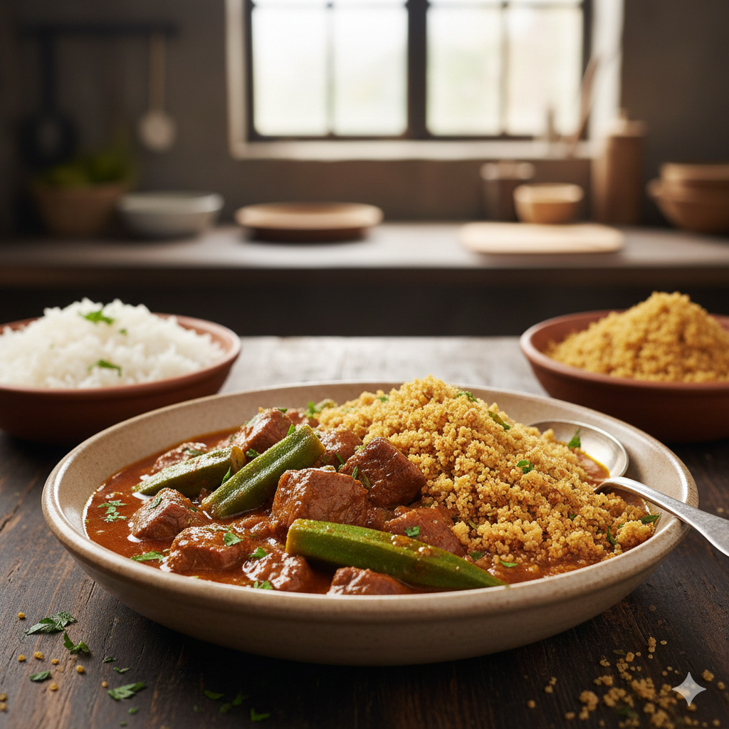 Picadinho de Carne com Quiabo e Farofa de Alho